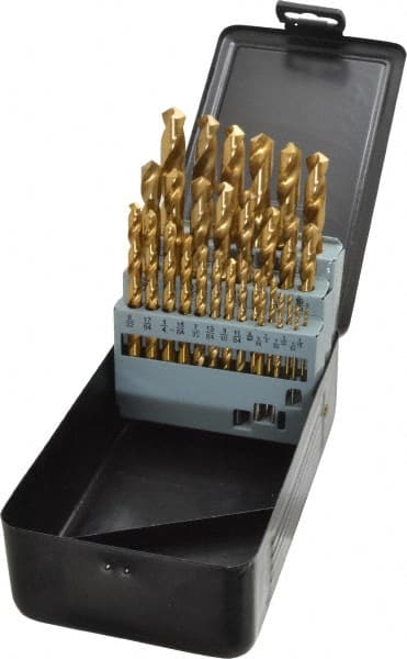 Interstate - 1/16 to 1/2", 118° Point, TiN Finish, High Speed Steel Jobber Length Drill Bit Set - Exact Tooling