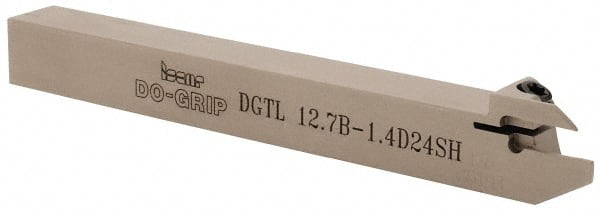 Iscar - 0.055" Min Groove Width, 4.7" OAL, Left Hand Indexable Grooving Cutoff Toolholder - 1/2" Shank Height x 1/2" Shank Width, DG. 14.. Insert Style, DGT Toolholder Style, Series Do Grip - Exact Tooling