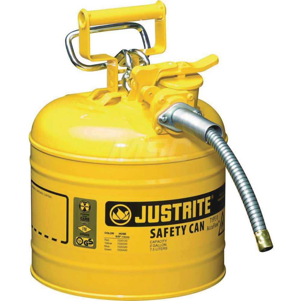 Justrite - Safety Dispensing Cans; Capacity: 2 Gal. ; Material: Steel ; Color: Yellow ; Height (Decimal Inch): 13.250000 ; Diameter/Length (mm): 9.50 ; Approval Listing/Regulations: FM Approved; UL; ULC; TUV - Exact Tooling