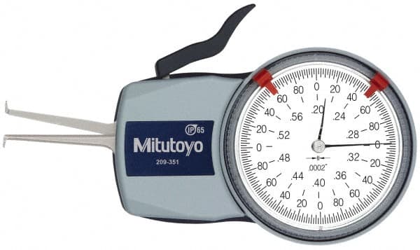Mitutoyo - 0.2 to 0.6" Inside Dial Caliper Gage - 0.0002" Graduation, 0.0008" Accuracy, 1.37" Leg Length, 0.09" Deep x 0.032" Wide Groove, Ball Contact Points - Exact Tooling