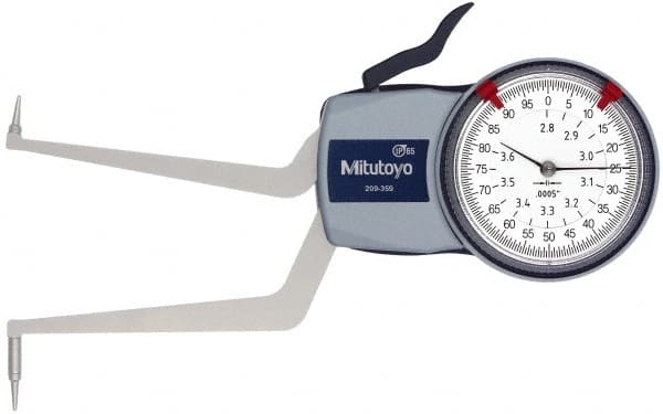 Mitutoyo - 2.8 to 3.6" Inside Dial Caliper Gage - 0.0005" Graduation, 0.0015" Accuracy, 3.3" Leg Length, 0.31" Deep x 0.06" Wide Groove, Ball Contact Points - Exact Tooling