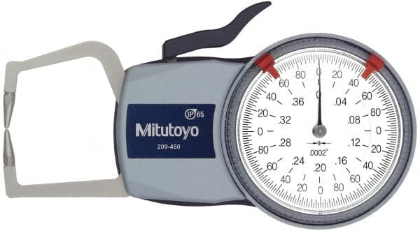 Mitutoyo - 0.4 Inch Max Measurement, 0.0002 Inch Graduation, Outside Dial Caliper Gage - 1.37 Inch Leg Length, 0.0008 Inch Accuracy - Exact Tooling