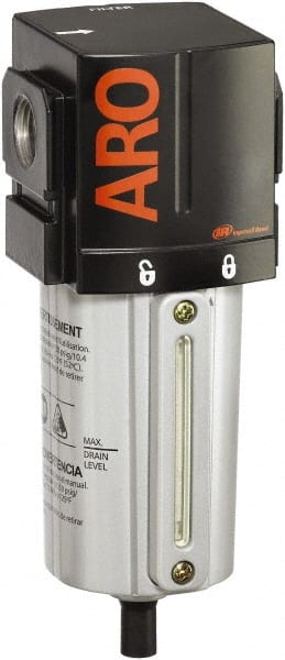 ARO/Ingersoll-Rand - 3/8" Port, 7.047" High x 2.874" Wide Standard Filter with Metal Bowl, Manual Drain - 156 SCFM, 250 Max psi, 175°F Max Temp, Sight Glass Included, Modular Connection, 2.4 oz Bowl Capacity - Exact Tooling