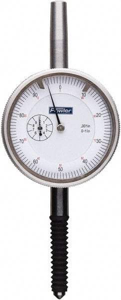 Fowler - 1" Range, 0-100 Dial Reading, 0.001" Graduation Dial Drop Indicator - 2-1/4" Dial, 0.1" Range per Revolution, 0.001" Accuracy, Revolution Counter - Exact Tooling