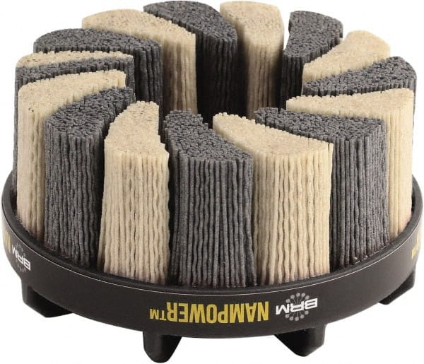 Brush Research Mfg. - 5" 320 Grit Ceramic/Silicon Carbide Tapered Disc Brush - Fine Grade, CNC Adapter Connector, 1.38" Trim Length, 7/8" Arbor Hole - Exact Tooling