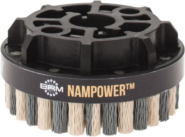Brush Research Mfg. - 4" 320 Grit Ceramic/Silicon Carbide Tapered Disc Brush - Fine Grade, CNC Adapter Connector, 0.71" Trim Length, 7/8" Arbor Hole - Exact Tooling