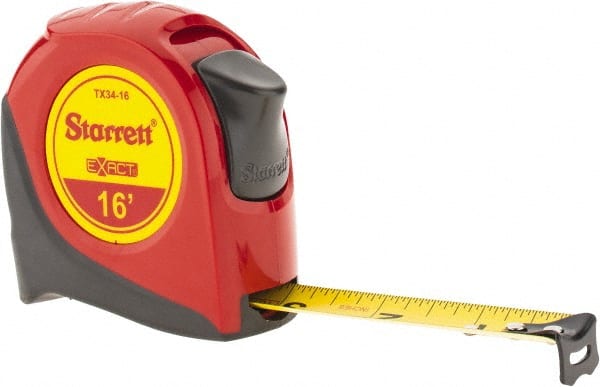 Starrett - 16' x 3/4" Yellow Blade Tape Measure - 1/16" Graduation, S1 Graduation Style, Red Case - Exact Tooling