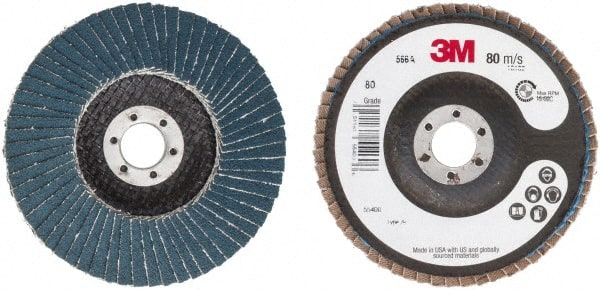 3M - 80 Grit, 4" Disc Diam, 5/8" Center Hole, Type 29 Zirconia Alumina Flap Disc - 13,300 Max RPM, Cloth Backing, Arbor Attaching System, Coated - Exact Tooling