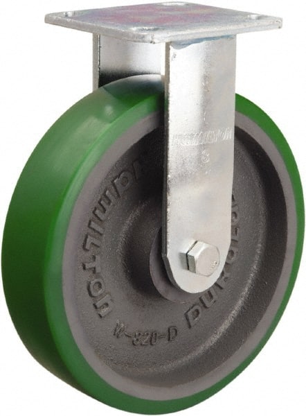 Hamilton - 8" Diam x 2" Wide x 9-1/2" OAH Top Plate Mount Rigid Caster - Polyurethane Mold onto Cast Iron Center, 900 Lb Capacity, Sealed Precision Ball Bearing, 4 x 4-1/2" Plate - Exact Tooling