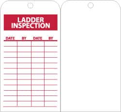 NMC - 3" High x 6" Long, LADDER INSPECTION, English Safety & Facility Inspection Tag - Tag Header: Notice, 1 Side, Red & White Unrippable Vinyl - Exact Tooling