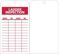 NMC - 3" High x 6" Long, LADDER INSPECTION, English Safety & Facility Inspection Tag - Tag Header: Notice, 1 Side, Red & White Unrippable Vinyl - Exact Tooling