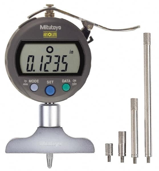 Mitutoyo - 0" to 8" Stainless Steel Electronic Depth Gage - 0.001" Accuracy, 0.01mm Resolution, 2-1/2" Base Length - Exact Tooling
