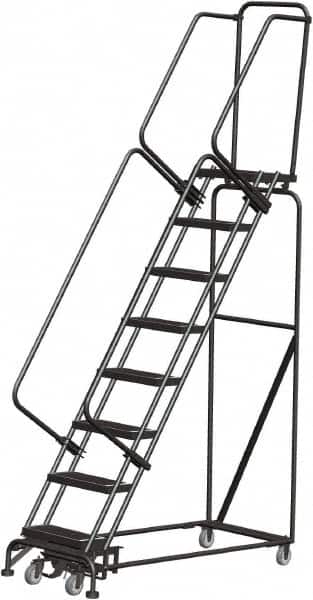Ballymore - 113" 8 Step Rolling Warehouse Ladder - Lock Step Rolling Safety Ladder, 450 Lb Capacity, 80" Platform Height, 24" Base Width x 61" Base Depth, Perforated Tread - Exact Tooling
