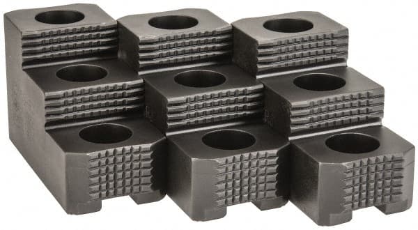 H & R Manufacturing - 15" Max Chuck Diam Compatibility, Case Hardened Steel 1.5mm x 60° Serrated Hard Lathe Top Jaws - 2 Steps, 0.866" Groove Width, 2-1/2" Wide x 5-1/2" Long x 3-15/32" High - Exact Tooling