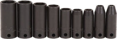 Proto - 9 Piece 3/8" Drive Black Finish Deep Well Impact Socket Set - 6 Points, 1/4" to 3/4" Range, Inch Measurement Standard - Exact Tooling