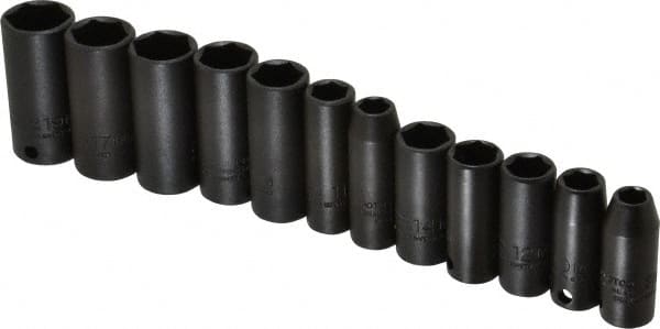 Proto - 12 Piece 3/8" Drive Black Finish Deep Well Impact Socket Set - 6 Points, 8mm to 19mm Range, Metric Measurement Standard - Exact Tooling