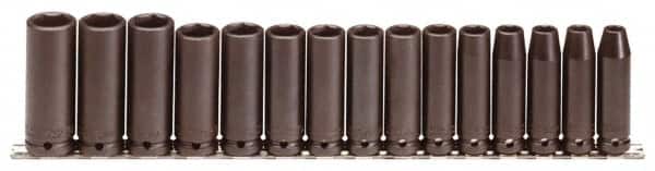Proto - 15 Piece 1/2" Drive Black Finish Deep Well Impact Socket Set - 6 Points, 3/8" to 1-1/2" Range, Inch Measurement Standard - Exact Tooling