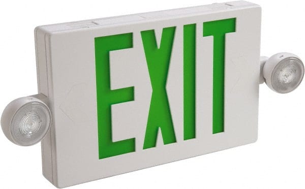 Cooper Lighting - 1 and 2 Face, 2 Head, 120-277 Volt, Thermoplastic, LED Combination Exit Sign - 2-5/16 Inch Wide x 8-1/4 Inch High x 16-9/16 Inch Long, Ceiling, End and Wall Mount, Sealed Nickel Cadmium Battery - Exact Tooling