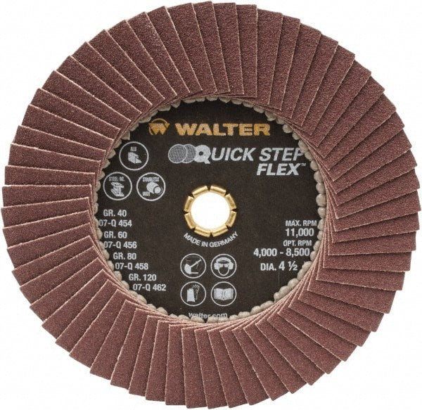 WALTER Surface Technologies - 120 Grit, 4-1/2" Disc Diam, Type 29 Aluminum Oxide Flap Disc - 11,000 Max RPM, Fiber Backing, Arbor Attaching System, Coated - Exact Tooling