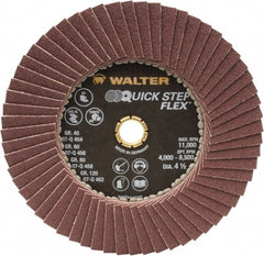 WALTER Surface Technologies - 120 Grit, 4-1/2" Disc Diam, Type 29 Aluminum Oxide Flap Disc - 11,000 Max RPM, Fiber Backing, Arbor Attaching System, Coated - Exact Tooling