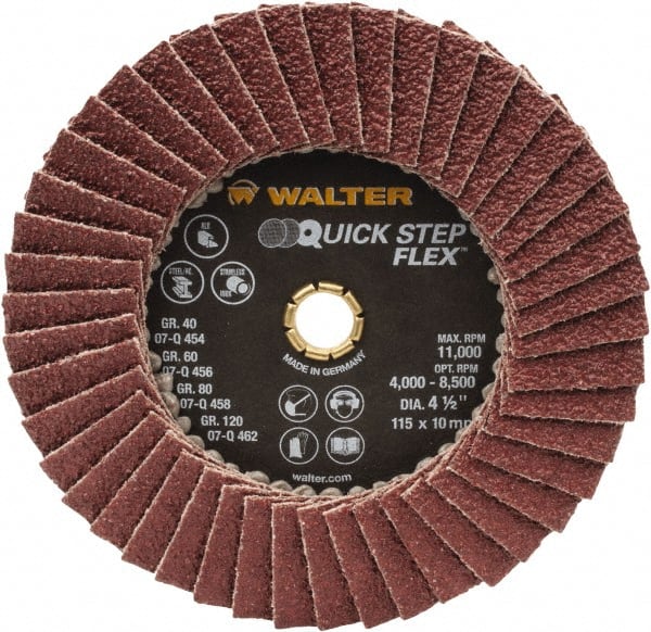 WALTER Surface Technologies - 40 Grit, 4-1/2" Disc Diam, Type 29 Aluminum Oxide Flap Disc - 11,000 Max RPM, Fiber Backing, Arbor Attaching System, Coated - Exact Tooling