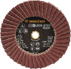 WALTER Surface Technologies - 40 Grit, 4-1/2" Disc Diam, Type 29 Aluminum Oxide Flap Disc - 11,000 Max RPM, Fiber Backing, Arbor Attaching System, Coated - Exact Tooling