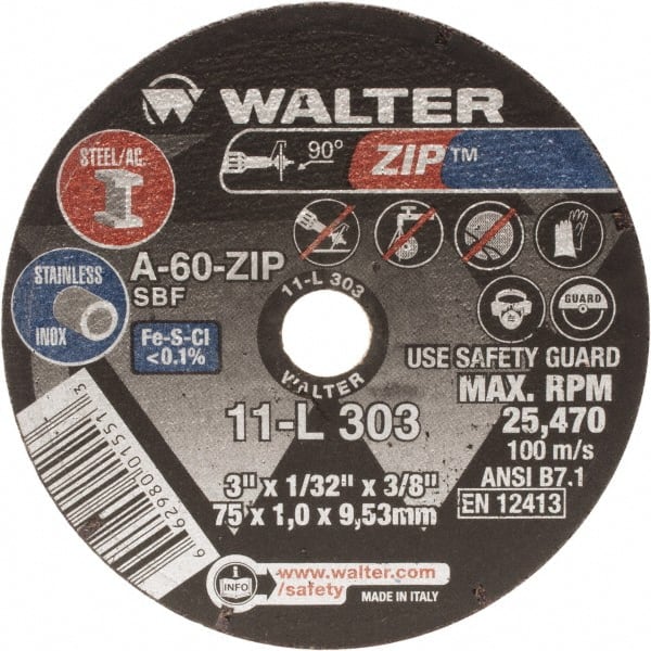 WALTER Surface Technologies - 3" Aluminum Oxide Cutoff Wheel - 1/16" Thick, 3/8" Arbor, 25,470 Max RPM, Use with Die Grinders - Exact Tooling