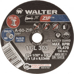 WALTER Surface Technologies - 3" Aluminum Oxide Cutoff Wheel - 1/16" Thick, 3/8" Arbor, 25,470 Max RPM, Use with Die Grinders - Exact Tooling