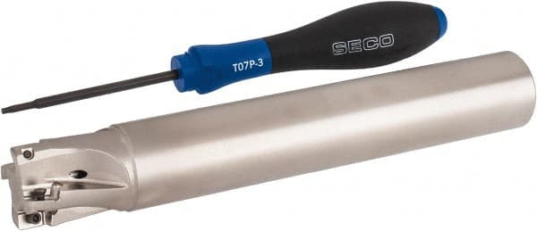 Seco - 1" Cut Diam, 0.354" Max Depth of Cut, 1" Shank Diam, 6.693" OAL, Indexable Square Shoulder End Mill - XO.X 10T3.. Inserts, Cylindrical Shank, 90° Lead Angle, Through Coolant, Series Turbo 10 - Exact Tooling