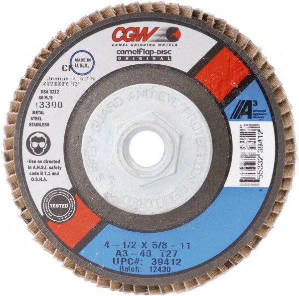 Camel Grinding Wheels - 60 Grit, 4" Disc Diam, 3/8-24 Center Hole, Type 27 Aluminum Oxide Flap Disc - 15,300 Max RPM, Polyester Backing, Arbor Attaching System, Coated - Exact Tooling