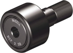McGill - 5/8" Roller Diam x 7/16" Width, 1/4" Stud Diam x 3/4" Length, Sealed Self Lubricating Stud Cam Follower with Nonmetallic Bushing and Hex - Steel, 5/16" Thread Length, 1/4-28 Thread, 1.22" OAL - Exact Tooling