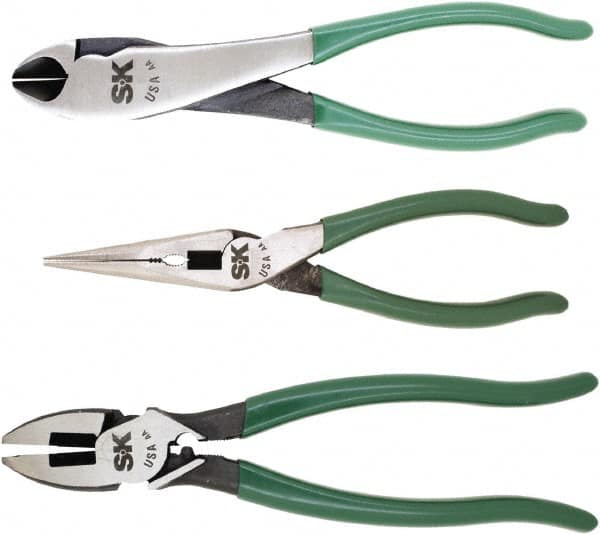 SK - 3 Piece Long Nose, Diagonal & Lineman's Plier Set - Comes in Plastic Pouch - Exact Tooling