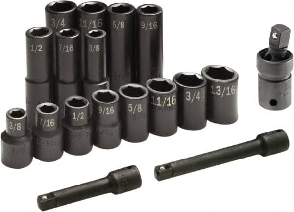 SK - 17 Piece 1/2" Drive Standard Deep Impact Socket Set - 6 Points, 3/8 to 3/4", Inch Measurement Standard - Exact Tooling
