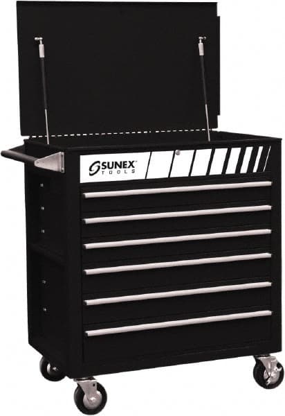 Sunex Tools - 600 Lb Capacity, 34-1/2" Wide x 20" Long x 39-1/2" High Service Cart - 6 Shelf, Steel, Heavy-Duty Casters - Exact Tooling
