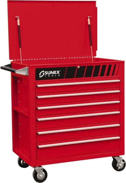 Sunex Tools - 600 Lb Capacity, 34-1/2" Wide x 20" Long x 39-1/2" High Service Cart - 6 Shelf, Steel, Heavy-Duty Casters - Exact Tooling