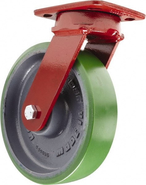 Hamilton - 8" Diam x 2" Wide x 9-1/2" OAH Top Plate Mount Swivel Caster - Polyurethane, 1,500 Lb Capacity, Sealed Precision Ball Bearing, 4 x 5" Plate - Exact Tooling
