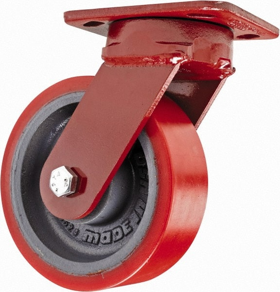 Hamilton - 6" Diam x 2" Wide x 7-1/2" OAH Top Plate Mount Swivel Caster with Brake - Polyurethane, 1,400 Lb Capacity, Sealed Precision Ball Bearing, 4 x 5" Plate - Exact Tooling