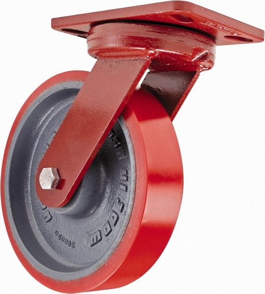 Hamilton - 8" Diam x 2" Wide x 9-3/4" OAH Top Plate Mount Swivel Caster - Polyurethane, 1,800 Lb Capacity, Sealed Precision Ball Bearing, 4-1/2 x 6-1/2" Plate - Exact Tooling