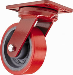 Hamilton - 6" Diam x 2" Wide x 7-3/4" OAH Top Plate Mount Swivel Caster with Brake - Polyurethane, 1,400 Lb Capacity, Sealed Precision Ball Bearing, 4-1/2 x 6-1/2" Plate - Exact Tooling