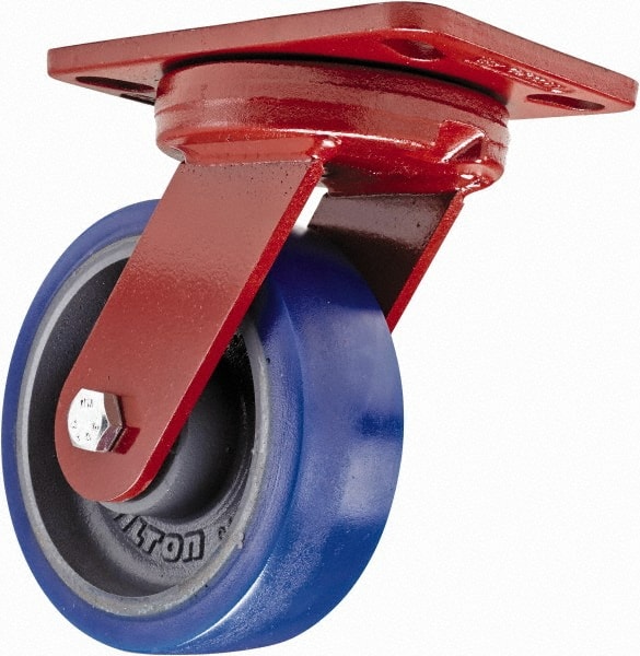 Hamilton - 6" Diam x 2" Wide x 7-3/4" OAH Top Plate Mount Swivel Caster with Brake - Polyurethane, 960 Lb Capacity, Sealed Precision Ball Bearing, 4-1/2 x 6-1/2" Plate - Exact Tooling
