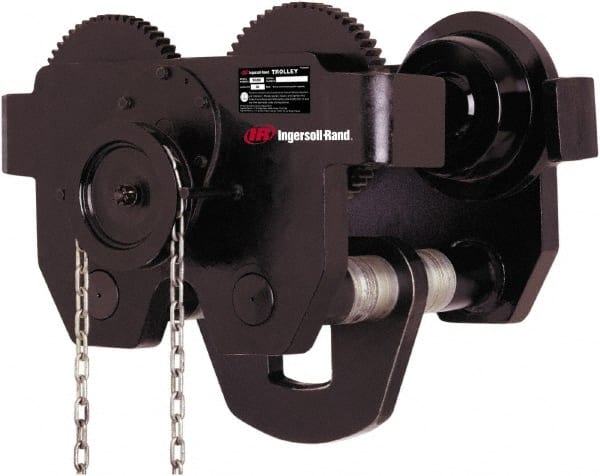 Ingersoll-Rand - 20 Ton Capacity Geared Ball Bearing Trolley - 7" to 13" Flange Width, 5.9" Wheel Diam, 10" to 24" I-Beam, 138" Min Radius - Exact Tooling