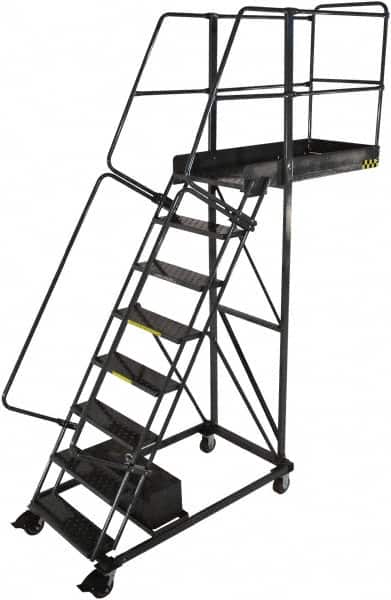 Ballymore - 122" 8 Step Configurable Cantilever Ladder - Rolling Work Platform, 300 Lb Capacity, 80" Platform Height, 32" Base Width x 65" Base Depth, Perforated Tread - Exact Tooling