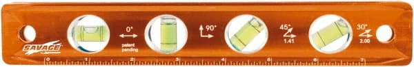 SAVAGE by SWANSON - Magnetic 9" Long 4 Vial Torpedo Level - Aluminum, Orange - Exact Tooling