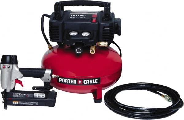 Porter-Cable - 0.80 HP, 2.6 SCFM at 90 psi CFM Pancake Nailer Combo Kit - 6 Gallon Tank, 10 Amp, 150 Max psi, 120V - Exact Tooling
