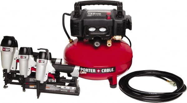 Porter-Cable - 0.80 HP, 2.6 SCFM at 90 psi CFM Pancake Finish/Brad Nailer, Stapler - 6 Gallon Tank, 10 Amp, 150 Max psi, 120V - Exact Tooling