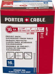 Porter-Cable - 16 Gauge 2-1/2" Long Finishing Nails for Power Nailers - Steel, Galvanized Finish, Smooth Shank, Straight Stick Collation, Chisel Point - Exact Tooling