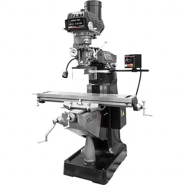 Jet - 9" Table Width x 49" Table Length, Variable Speed Pulley Control, 3 Phase Knee Milling Machine - R8 Spindle Taper, 3 hp - Exact Tooling