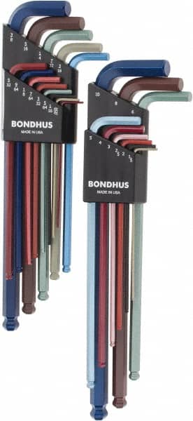 Bondhus - 22 Piece L-Key Ball End Hex Key Set - Hex Range 0.05 to 3/8", 8.4" OAL - Exact Tooling