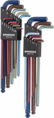 Bondhus - 22 Piece L-Key Ball End Hex Key Set - Hex Range 0.05 to 3/8", 8.4" OAL - Exact Tooling