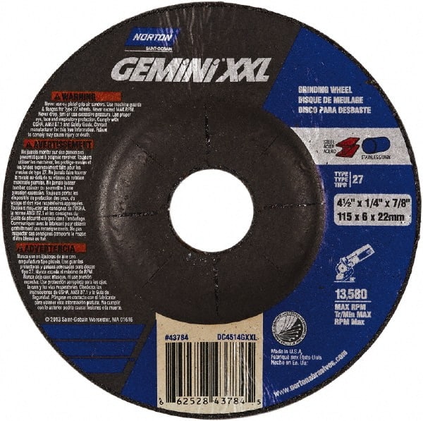 Norton - 24 Grit, 4-1/2" Wheel Diam, 1/4" Wheel Thickness, Type 27 Depressed Center Wheel - Aluminum Oxide, 12,225 Max RPM - Exact Tooling